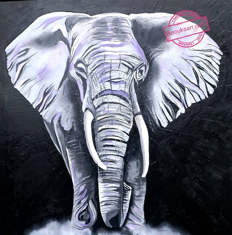Elephant sur fond noir peinture huile sur toile grand format carré 100 x 100cm Anouk SARR 2021